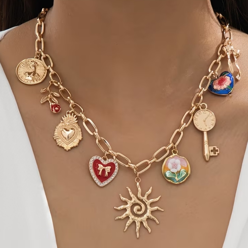 NEW Bohemian Retro Floral Sun Rose Gold Charm Necklace with Colorful Accents